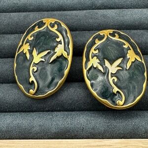 Vintage LIA Gold Tone Enamel Clip-On Earrings Oval‎ Black Gold Swirl Vines